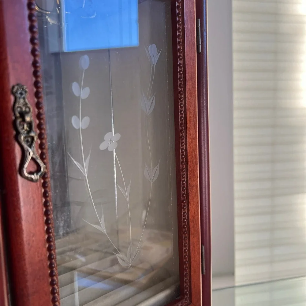 Vintage Style Wooden Jewelry Box‎ Etched Glass Door Drawer Organizer
